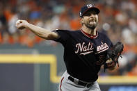 Washington Nationals starting pitcher Max Scherzer throws against the Houston Astros during the first inning of Game 1 of the baseball World Series Tuesday, Oct. 22, 2019, in Houston. (AP Photo/Matt Slocum)