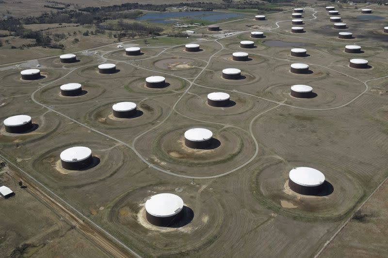 FILE PHOTO: Crude oil storage tanks are seen from above at the Cushing oil hub in Oklahoma