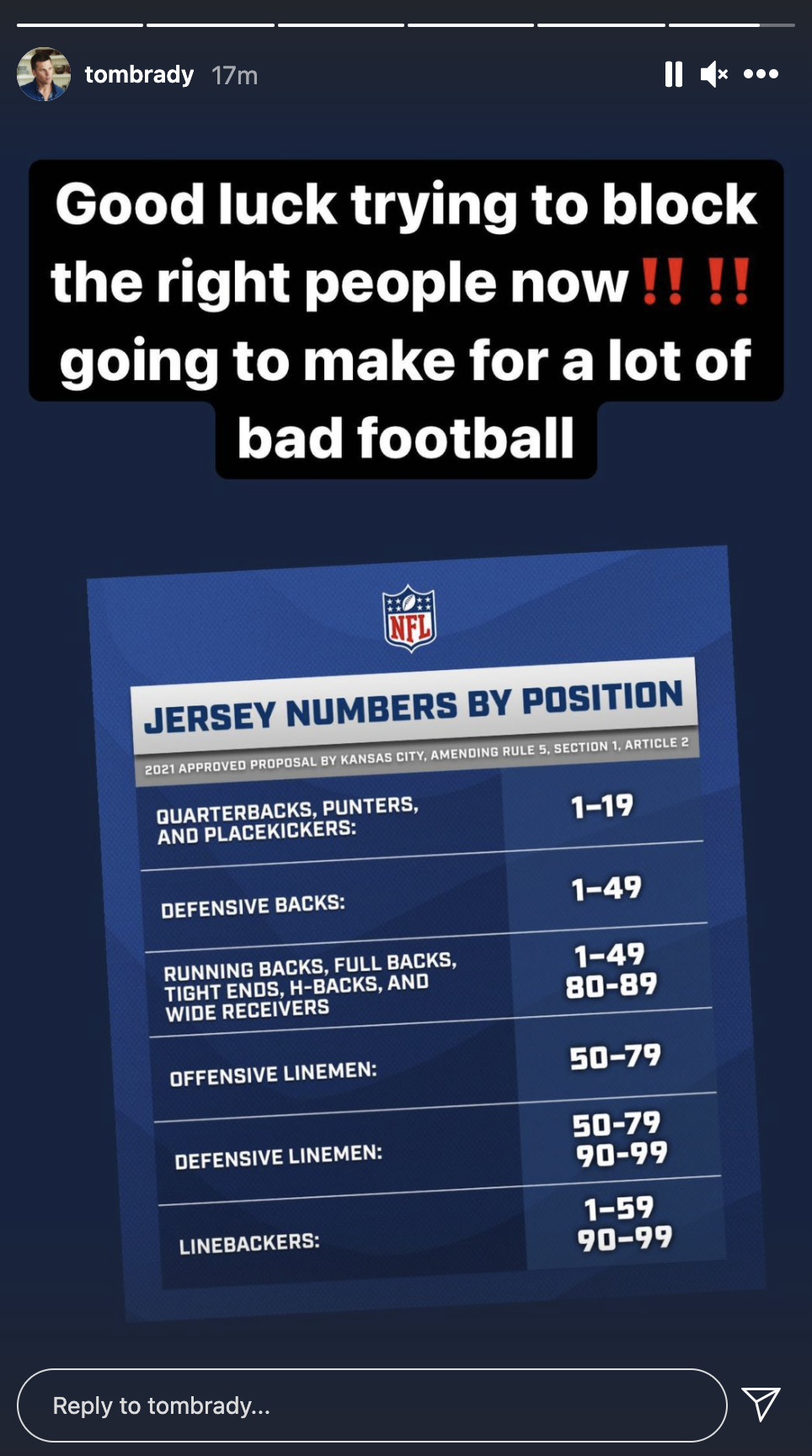 Tom Brady isn't a fan of the NFL's new number rule. (Screenshot from @tombrady on Instagram)