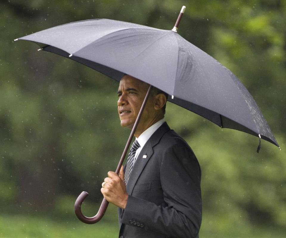 President Barack Obama walks on the South Lawn of the White House Tuesday, June 12, 2012, leaving for campaign stops in Baltimore and Philadelphia. (AP Photo/Manuel Balce Ceneta)