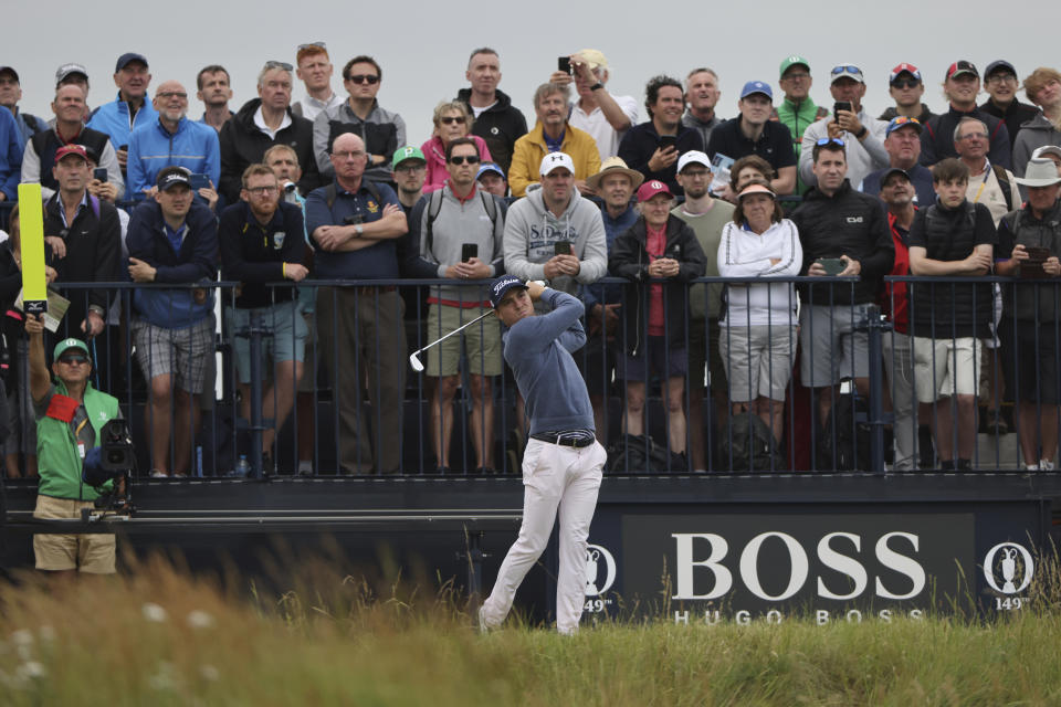 United States' Justin Thomas plays his tee shot off the 3rd during the first round British Open Golf Championship at Royal St George's golf course Sandwich, England, Thursday, July 15, 2021. (AP Photo/Ian Walton)