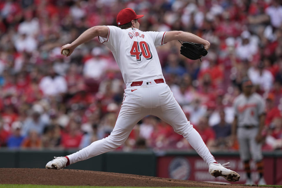 Cincinnati Reds starting pitcher Nick Lodolo throws in the first inning of a baseball game against the Baltimore Orioles, Sunday, May 5, 2024, in Cincinnati. (AP Photo/Carolyn Kaster)