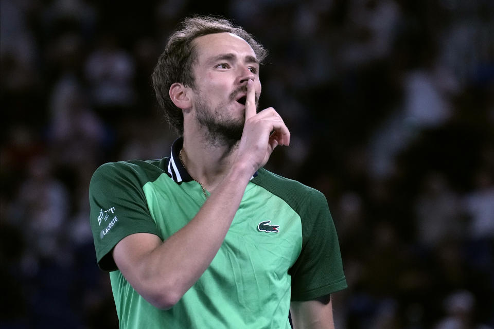 Daniil Medvedev of Russia celebrates after defeating Alexander Zverev of Germany in their semifinal at the Australian Open tennis championships at Melbourne Park, Melbourne, Australia, early Saturday, Jan. 27, 2024. (AP Photo/Andy Wong)