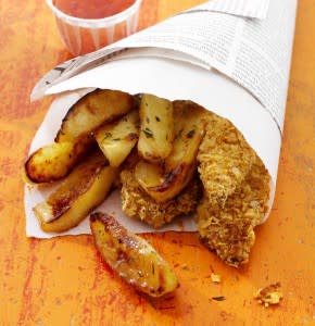 Crispy Baked Chicken Fingers with Apple Fries