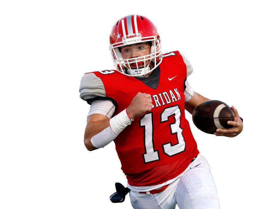 Caden Sheridan looks for running room during Sheridan's 14-0 win against visiting John Glenn on Sept. 15, 2023, at Paul Culver Jr. Stadium. Sheridan has led the Generals to an 8-0 record entering its Week 9 showdown with Tri-Valley.