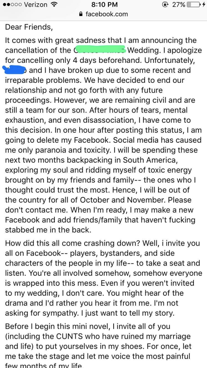 Bride shares rant on Facebook blaming friends and family for the demise of her relationship and $60,000 wedding <em>(Photo via Twitter)</em>