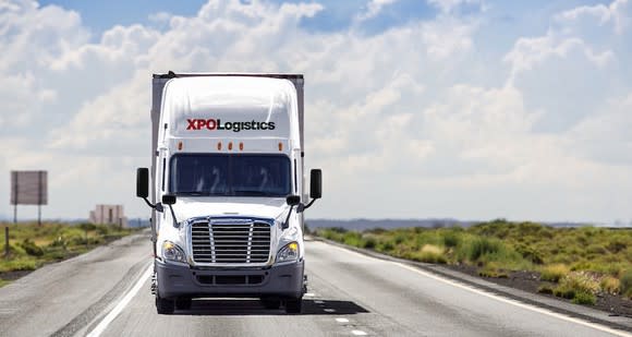 An XPO freight truck on the highway