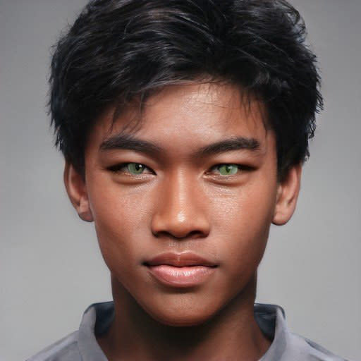 He's described as having brown skin, high checkbones, black hair, and slanted green/gold eyes that have 