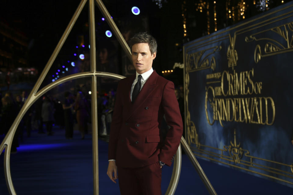 FILE - Eddie Redmayne arrives at the premiere of "Fantastic Beasts: The Crimes of Grindelwald" in central London on Nov. 13, 2018. Redmayne turns 41 on Jan 6. (Photo by Joel C Ryan/Invision/AP, File)