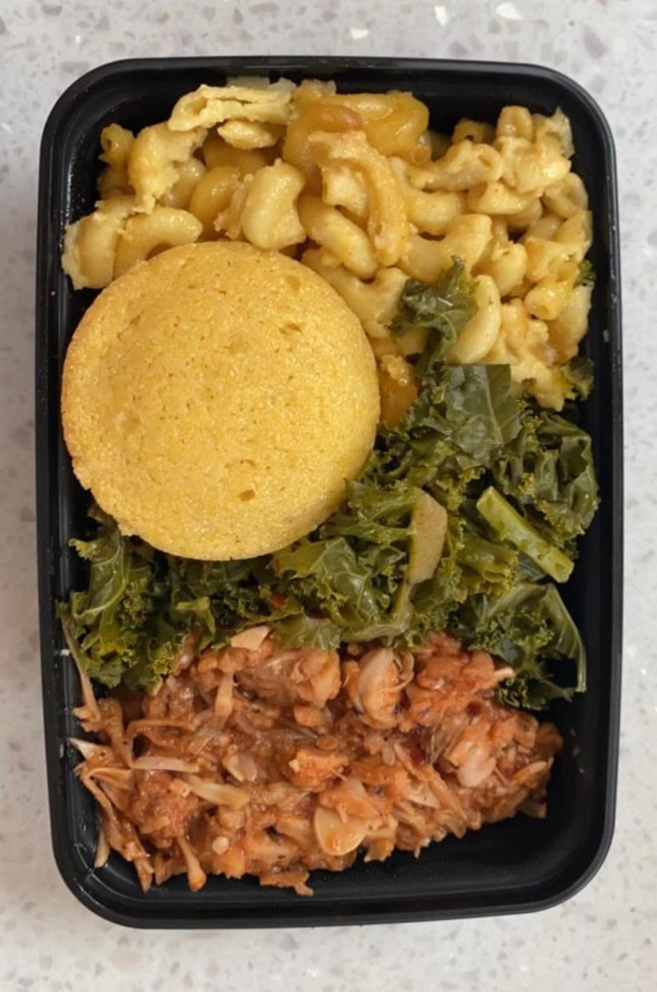 The southern bowl ($15)  at The Alkaline Electric Goddess at Circle Centre Mall has barbecue jackfruit, vegan mac and cheese and southern kale greens with cornbread.