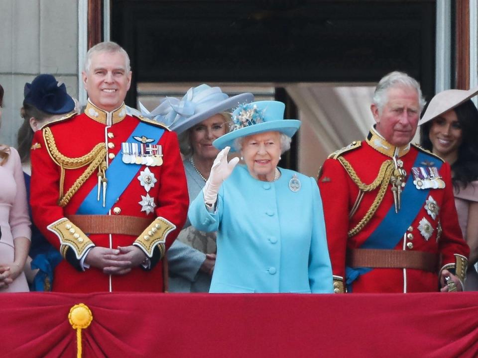 Members of the royal family, including the Duke of York, the late Queen Elizabeth II, and King Charles III, stand on the balcony of Buckingham Palace in 2018 (AFP via Getty Images)