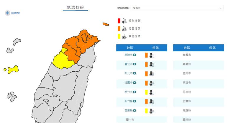 中央氣象署也於傍晚針對新北市、基隆市、臺北市、桃園市、新竹縣發布低溫特報（圖／中央氣象署提供）