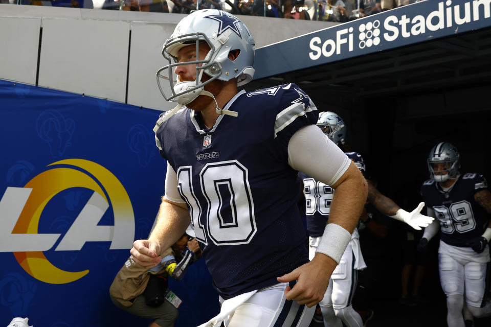 INGLEWOOD, CALIFORNIA - OCTOBER 09: Cooper Rush #10 of the Dallas Cowboys takes the field against the Los Angeles Rams  at SoFi Stadium on October 09, 2022 in Inglewood, California. (Photo by Ronald Martinez/Getty Images)