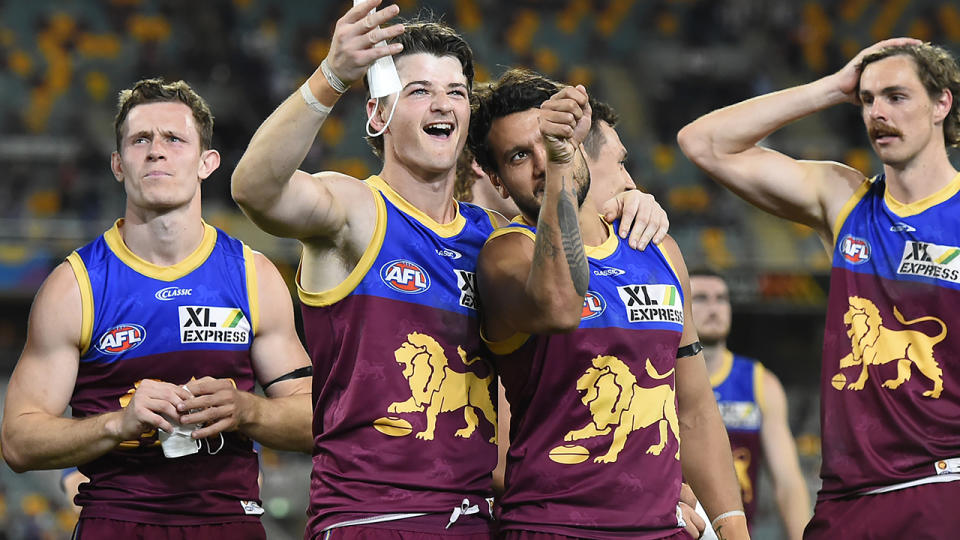 The Brisbane Lions were overjoyed after winning their way into the top four at the expense of the Western Bulldogs. (Photo by Albert Perez/Getty Images)