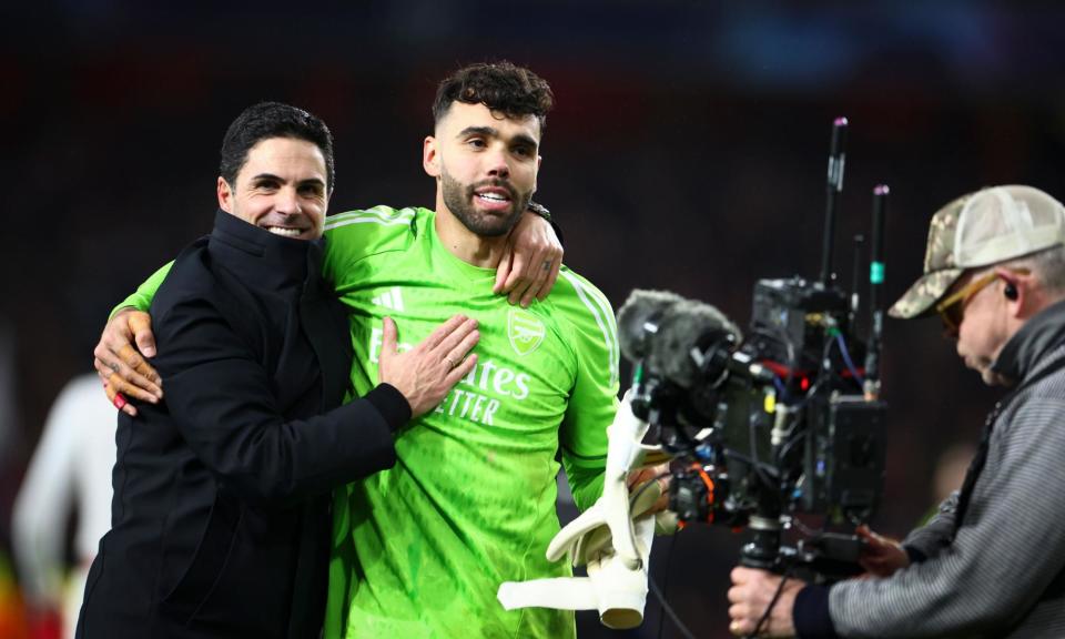 <span>Mikel Arteta celebrates with <a class="link " href="https://sports.yahoo.com/soccer/players/384847/" data-i13n="sec:content-canvas;subsec:anchor_text;elm:context_link" data-ylk="slk:David Raya;sec:content-canvas;subsec:anchor_text;elm:context_link;itc:0">David Raya</a> after <a class="link " href="https://sports.yahoo.com/soccer/teams/arsenal/" data-i13n="sec:content-canvas;subsec:anchor_text;elm:context_link" data-ylk="slk:Arsenal;sec:content-canvas;subsec:anchor_text;elm:context_link;itc:0">Arsenal</a>’s shootout win.</span><span>Photograph: Simon Dael/Shutterstock</span>