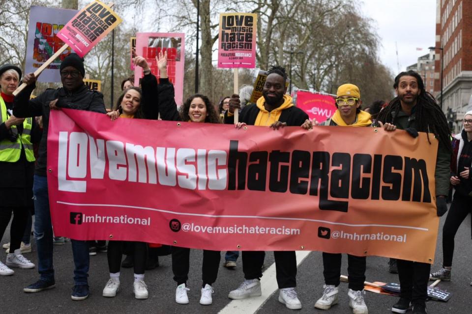 LMHR protestors march on UN Anti Racism Day in 2019 (Love Music Hate Racism)