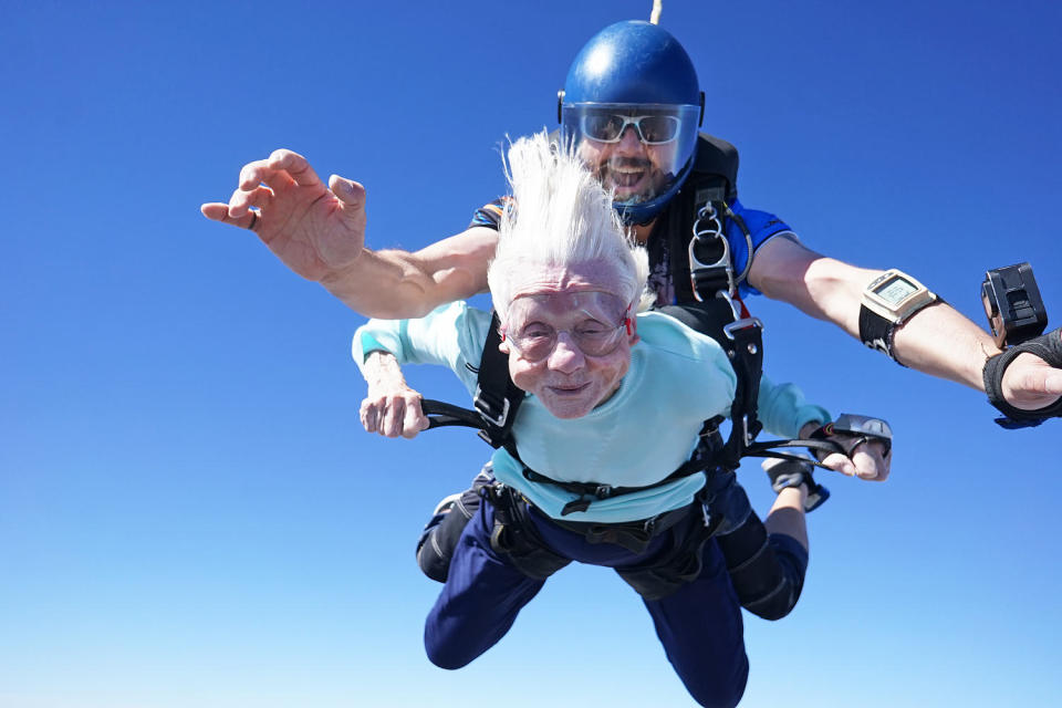 Dorothy Hoffner skydives with Derek Baxter, a certified U.S. Parachute Association tandem instructor.  (Courtesy Daniel Wilsey High Flight LLC)