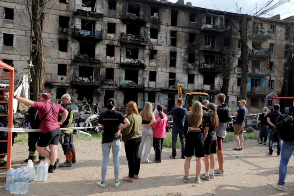 A view of damage after missile hits residential building in Kryvyi Rhi, Dnipropetrovsk Oblast on June 13, 2023. (Arsen Dzodzaiev/Anadolu Agency via Getty Images)