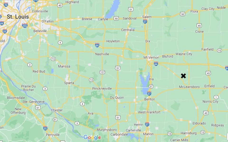 An X marks the location of a Hamilton County Coal facility, southeast of Mt. Vernon, where one employee was killed and five were sent to the hospital in two separate incidents on Saturday. Google Maps