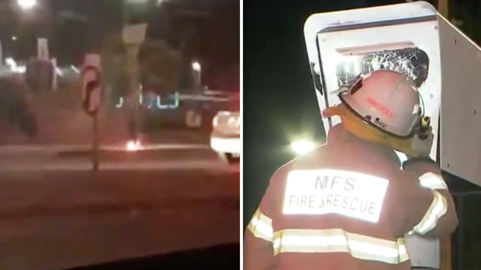 The fire burns at the base of the speed camera and (right) an MFS firefighter inspects the damage. Images : 7 News