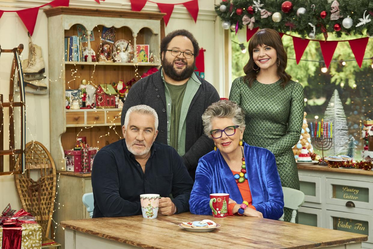 The Great American Baking Show hosts Zach Cherry and Casey Wilson along with returning judges Paul Hollywood and Prue Leith.