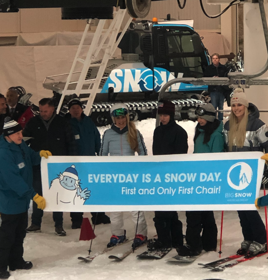 The ceremonial first and only chair was taken by Olympians, left to right, Donna Weinbrecht, Red Gerard, Kelly Clark and Lindsey Vonn. (Photo credit: Stephanie Asymkos/Yahoo Finance)