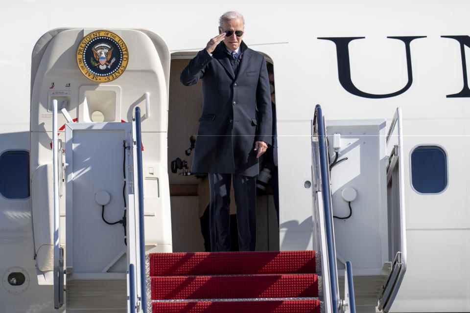 President Joe Biden salutes as he boards Air Force One at Andrews Air Force Base, Md., Friday, Feb. 3, 2023, en route to Philadelphia. (AP Photo/Jess Rapfogel)