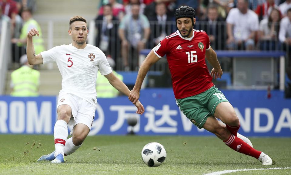 Nordin Amrabat started the match against Portugal wearing a scrum cap but jettisoned it.