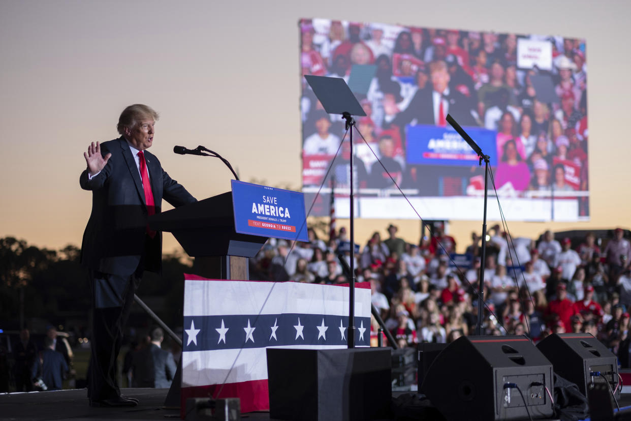 Former President Donald Trump speaks during a rally in Perry, Ga., on Sept. 25, 2021. (AP Photo/Ben Gray)