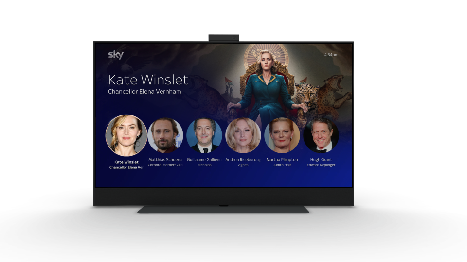 A Sky Glass TV with a cast and crew list for the show Regime, with Kate Winslet highlighted