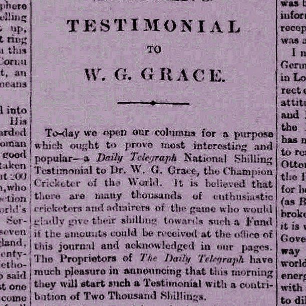 A scan of the Daily Telegraph's request for WG Grace's testimonial - Telegraph Archive