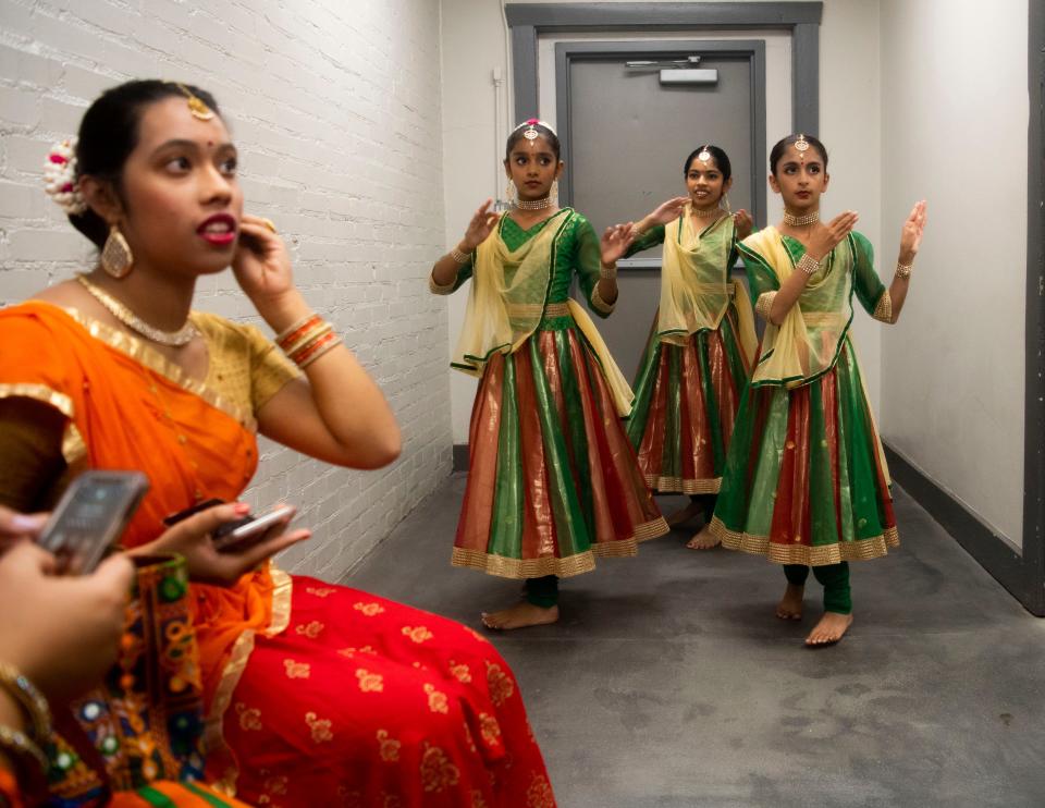 Surabhi Naligey, 11, Anaya Mishra, 8, and Suhani Desai, 10 practice their dance before their performance during a celebration of India also known as ” Azadi Ka Amrit Mahotsav” at Nolensville Historical Society in Nolensville, Tenn., Saturday, Aug. 6, 2022.