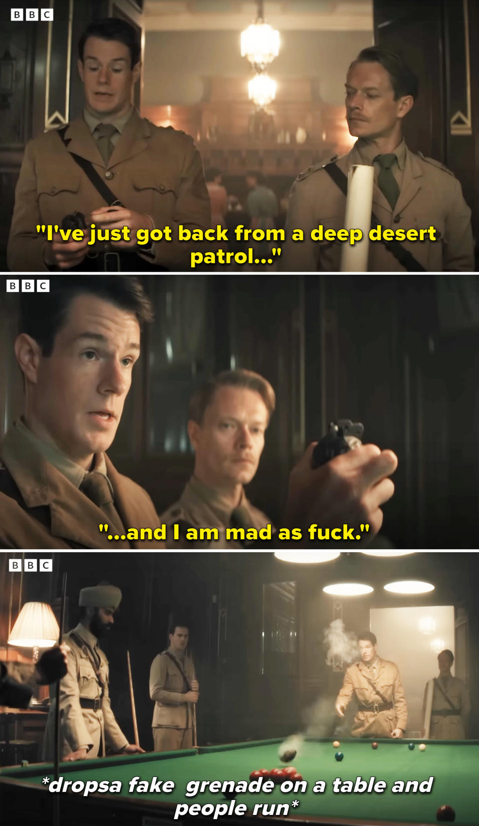 Connor's character saying he's mad as fuck before dropping a grenade on a pool table