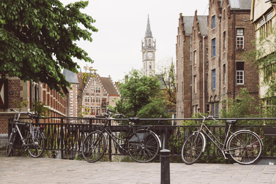 Bikes near a canal in Ghent, Belgium.