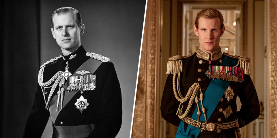 Left: Prince Philip, Duke of Edinburgh, in 1958 / Right: Matt Smith as Prince Philip in Netflix's 