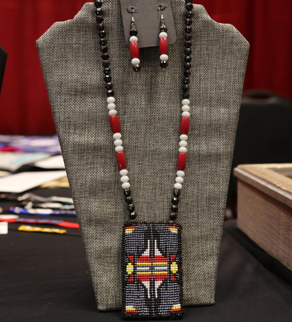 A beaded necklace by Yonavea Hawkins is seen June 2 at Red Earth Festival at the National Cowboy & Western Heritage Museum.