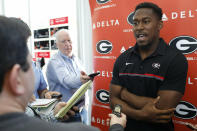 FILE - In this March 19, 2019, file photo, Georgia defensive back J.R. Reed speaks with the media on the first day of spring NCAA college football practice in Athens, Ga. Reed plays for one of the nation’s powerhouse programs, where the competition begins as soon as you step on campus. No. 3 Georgia face No. 7 Notre Dame on Saturday. (Joshua L. Jones/Athens Banner-Herald via AP, File)