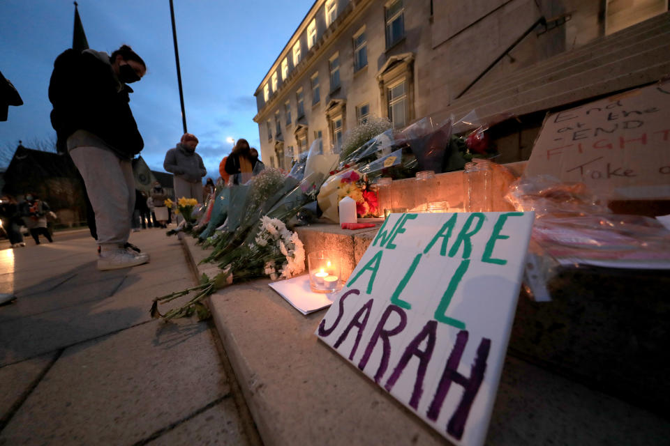 Candles, messages and flowers left on the steps of the Parkinson Building at the University of Leeds in West Yorkshire, during a Reclaim These Streets vigil for Sarah Everard. Serving police constable Wayne Couzens, 48, has appeared in court charged with kidnapping and murdering the 33-year-old marketing executive, who went missing while walking home from a friend's flat in south London on March 3. Picture date: Saturday March 13, 2021.