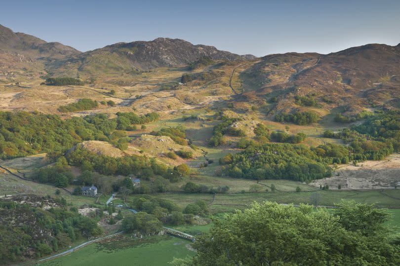 Skyscape of mountains at Llyndy Isaf, an estate of 600 acres in Snowdonia, in the Nant Gwynant valley near Beddgelert, Gwynedd, Wales owned by the National Trust