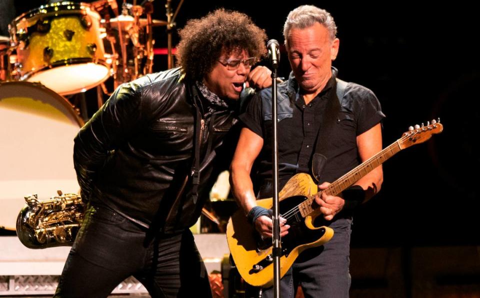 Jake Clemons cheers on Bruce Springsteen in concert at the Greensboro Coliseum Saturday night, March 25, 2023.