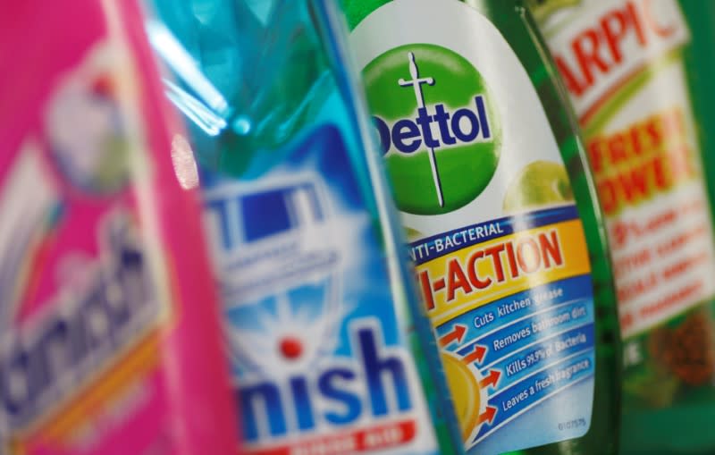 Products produced by Reckitt Benckiser; Vanish, Finish, Dettol and Harpic, are seen in London February 12, 2008. REUTERS/Stephen Hird/File Photo