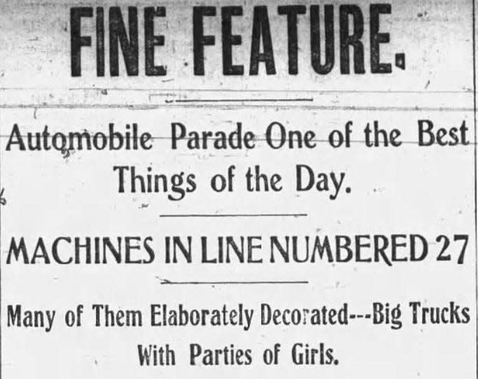 A headline in the Fall River Evening News of July 5, 1906, describing an "automobile parade" that took place for the Fourth of July.
