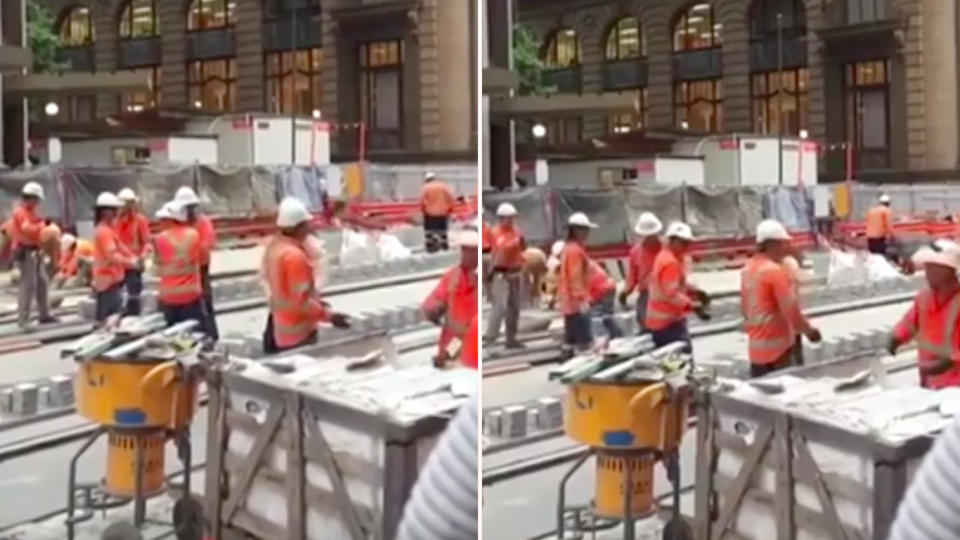 Video shows workers casually handing each other bricks and seemingly in no hurry to get the job done. Source: 7 News