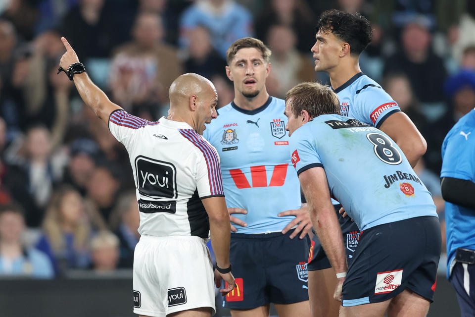 SYDNEY, AUSTRALIA - JUNE 05:  Joseph-Aukuso Sua'ali'i of the Blues is sent from the field by referee Ashley Klein for his dangerous tackle on Reece Walsh of the Maroons during game one of the 2024 Men's State of Origin Series between New South Wales Blues and Queensland Maroons at Accor Stadium on June 05, 2024 in Sydney, Australia. (Photo by Matt King/Getty Images)