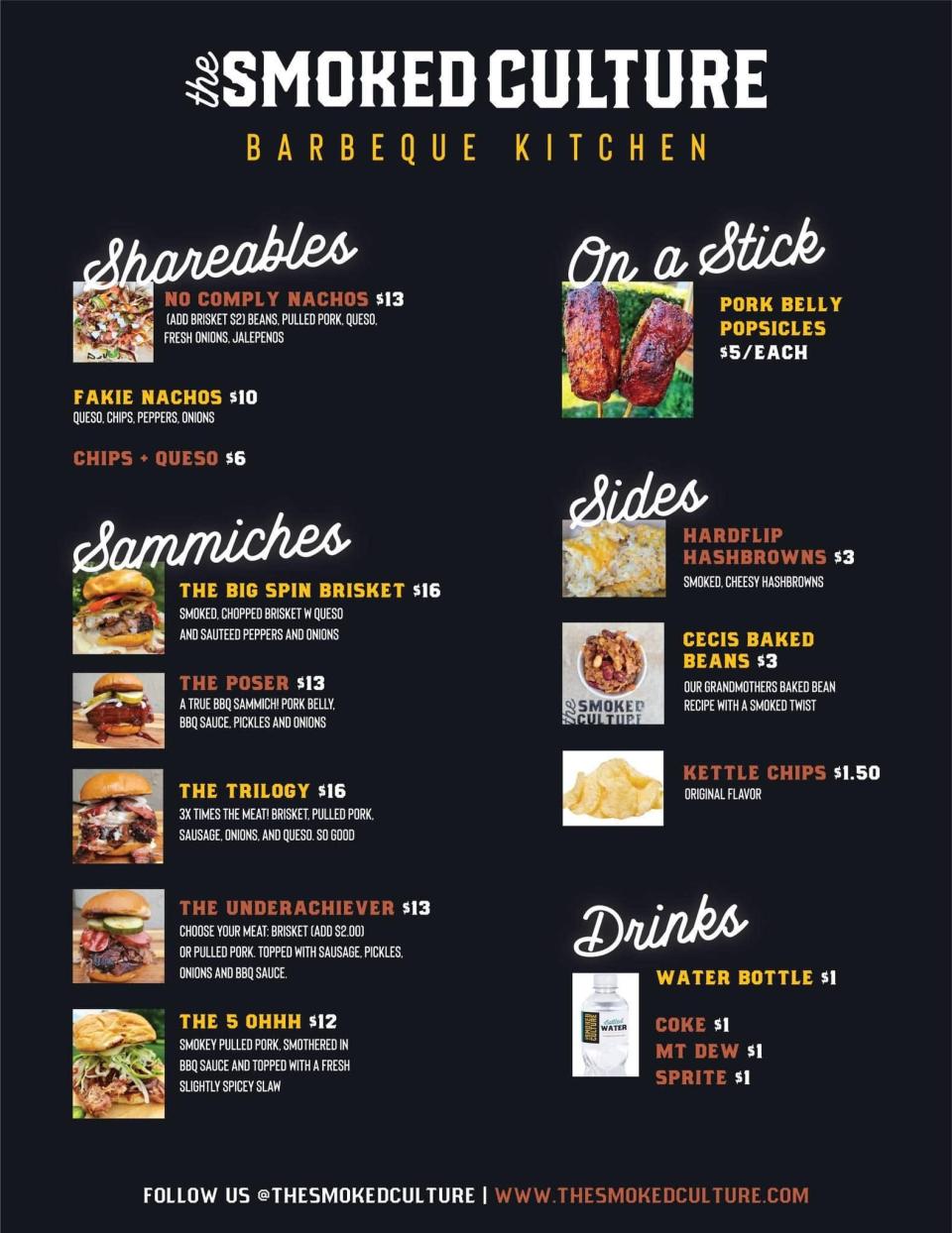 The standard menu for The Smoked Culture food truck.