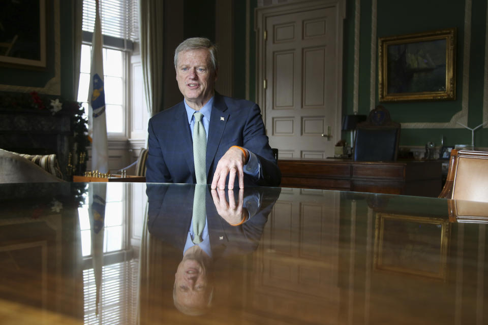 Massachusetts Governor Charlie Baker speaks during an interview at the Massachusetts State House Tuesday Dec. 27, 2022, in Boston, Mass. (AP Photo/Reba Saldanha)