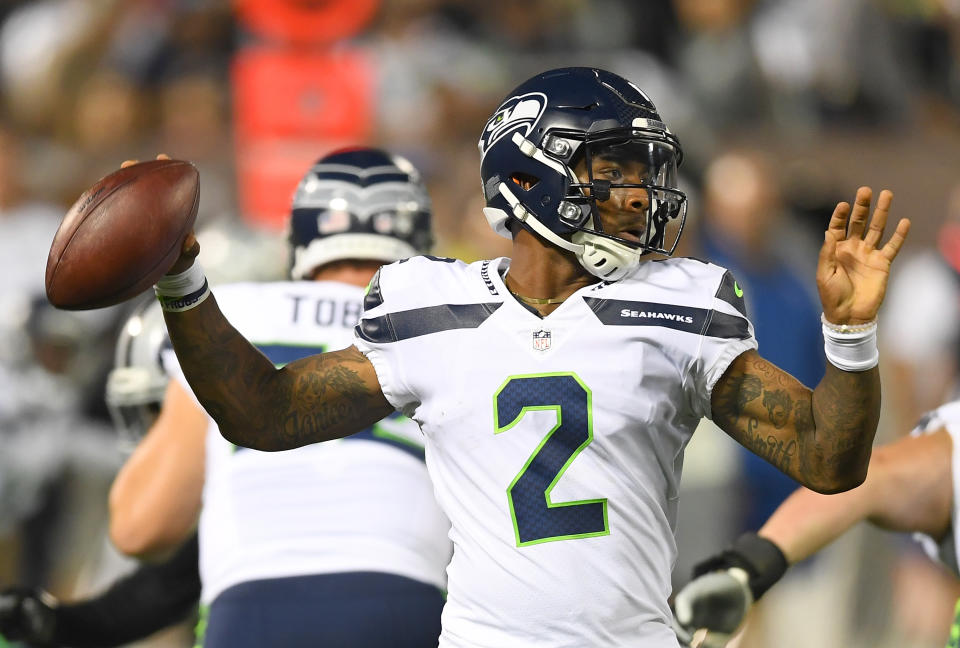 OAKLAND, CA - AUGUST 31:  Trevone Boykin #2 of the Seattle Seahawks looks to pass the ball against the Oakland Raiders during the second quarter of their game at the Oakland-Alameda County Coliseum on August 31, 2017 in Oakland, California.  (Photo by Thearon W. Henderson/Getty Images)