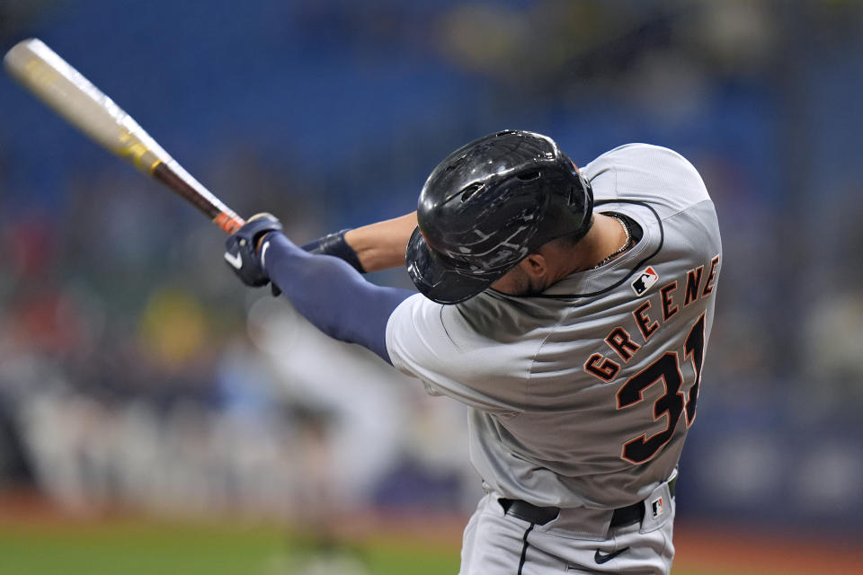 Detroit Tigers' Riley Greene lines a single off Tampa Bay Rays pitcher Shawn Armstrong during the first inning of a baseball game Wednesday, April 24, 2024, in St. Petersburg, Fla. (AP Photo/Chris O'Meara)