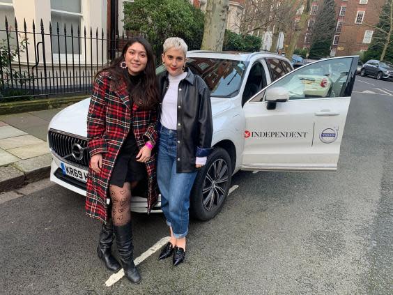 The Independent’s Lisa Collins and Harriet Hall with the Volvo hybrid car