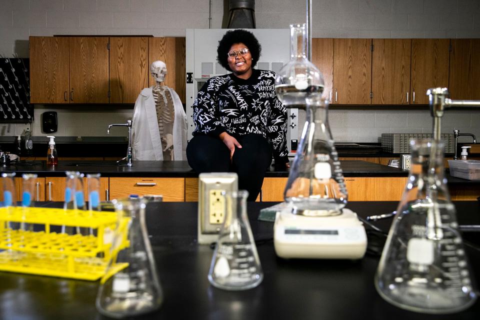 Dasia Taylor poses for a photo, Tuesday, Feb. 21, 2023, at West High School in Iowa City, Iowa.